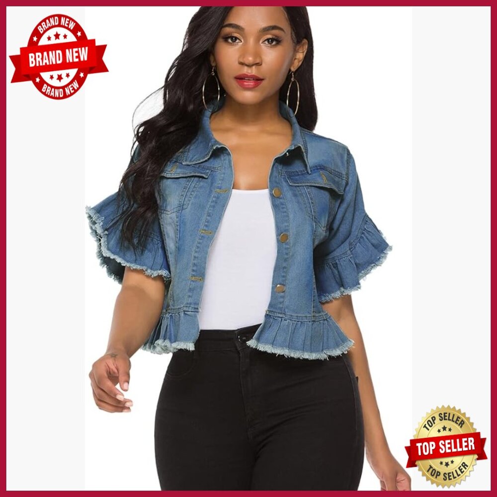 Distressed Denim Jacket Crop Button Down Ruffle Sleeve Women's